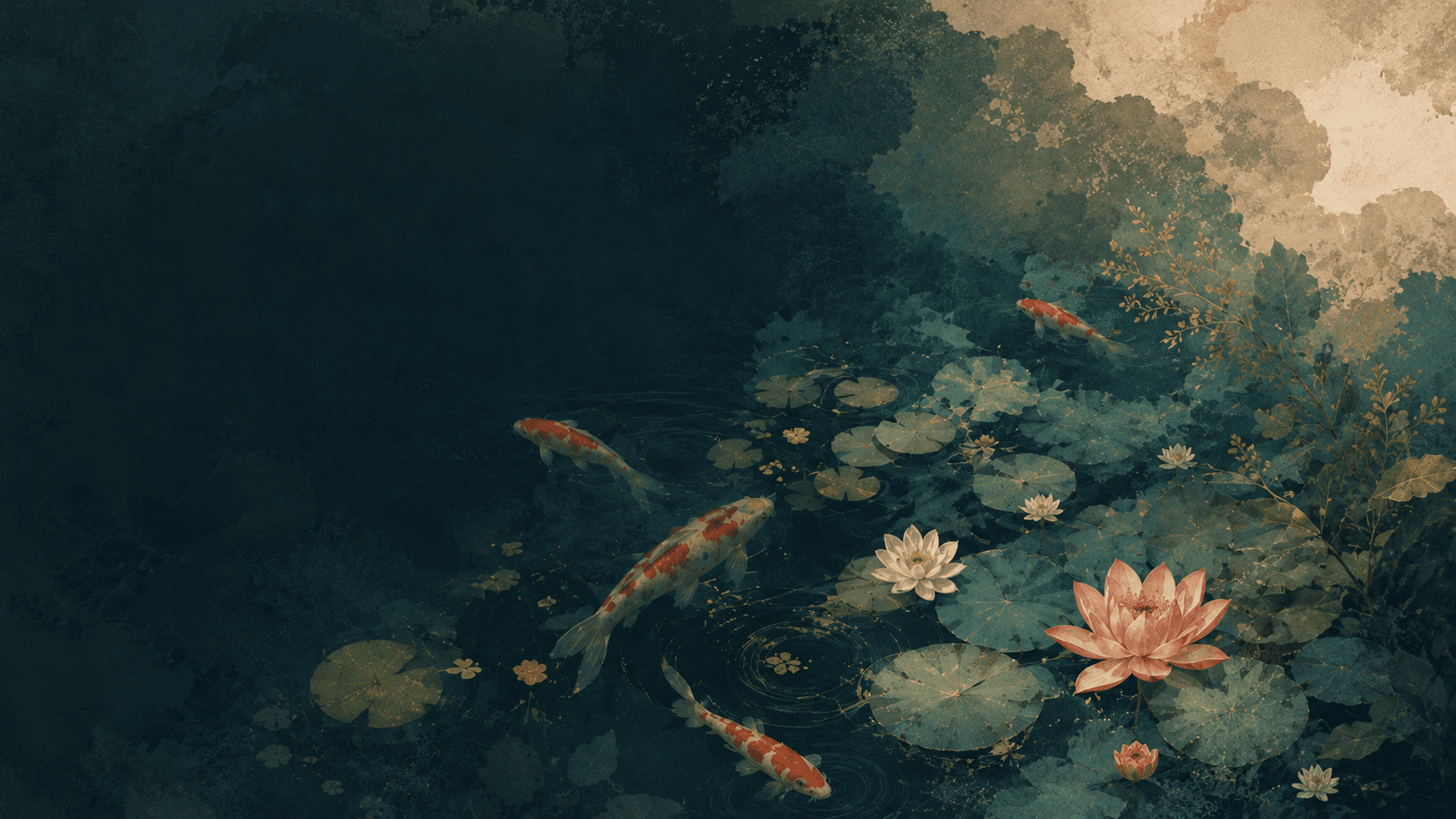 A painted koi pond seen from above: still dark water on one side, and on the other, lily pads, white and pink lotus flowers, and koi turning slowly beneath the surface.